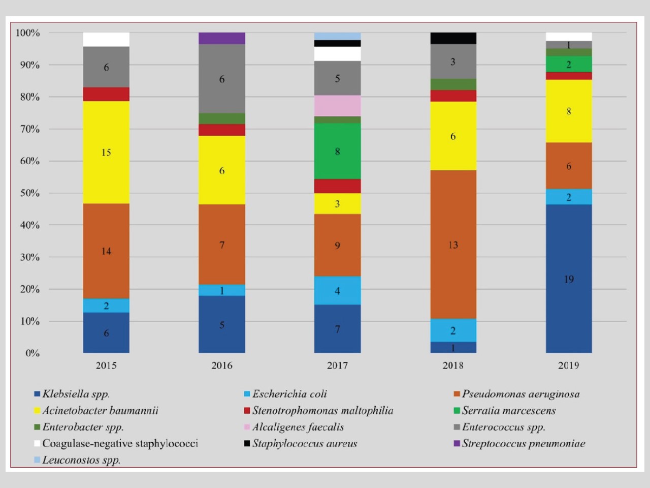 Distribution of the bacterial pathogens by year